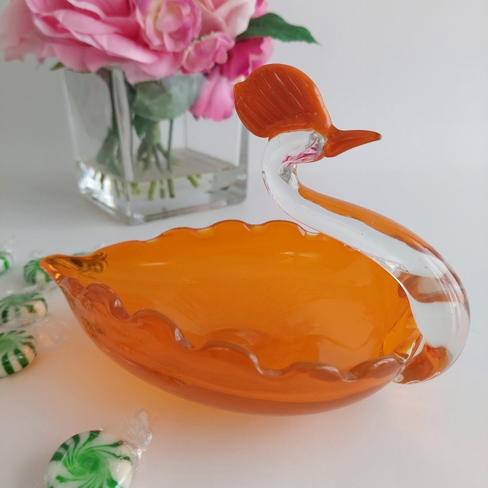 Hand Blown Murano Style Art Glass Orange Swan Candy Dish